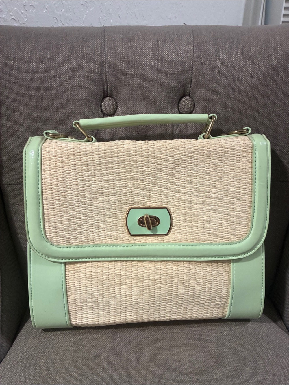 Poppie Mint & Cream Woven Top-Handle Satchel - Women Bags